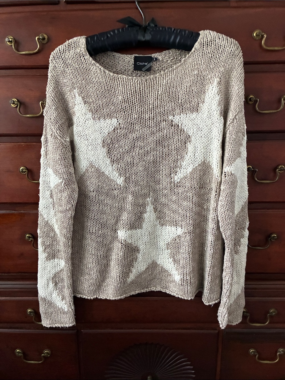 Cliche Beige Star-Print Knit Crewneck Sweater